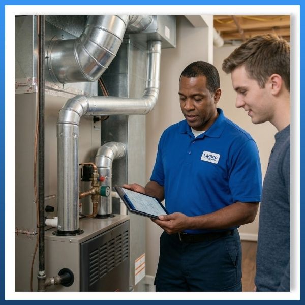 HVAC technician in a blue polo shirt using a tablet to explain a large indoor furnace unit with extensive metal ductwork to a young male customer standing next to him in a utility room