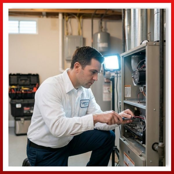 a focused technician in a white button-down shirt with a logo patch kneeling in a basement, using a screwdriver to repair a large grey furnace unit illuminated by a powerful LED work light. A toolbox is visible behind him.